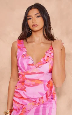 Pink Floral Printed Frill Detail Chiffon Mini Dress