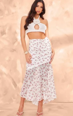Pink Floral Printed Lace Frill Hem Maxi Skirt