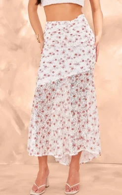 Pink Floral Printed Lace Frill Hem Maxi Skirt