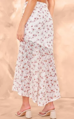 Pink Floral Printed Lace Frill Hem Maxi Skirt