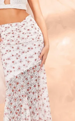 Pink Floral Printed Lace Frill Hem Maxi Skirt