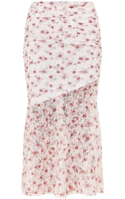 Pink Floral Printed Lace Frill Hem Maxi Skirt