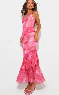 Pink Floral Printed Mesh Frill Midaxi Dress