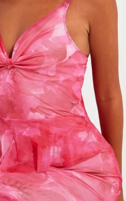 Pink Floral Printed Mesh Frill Midaxi Dress