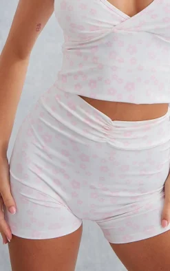 Pink Floral Printed Sculpt Ruched Front Gym Shorts