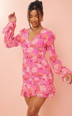 Pink Floral Ruched Detail Frill Hem Shift Dress