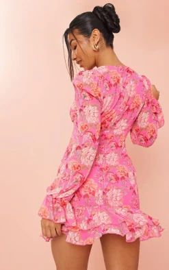 Pink Floral Ruched Detail Frill Hem Shift Dress