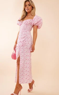 Pink Floral Satin Puff Sleeve Corset Ruched Midaxi Dress