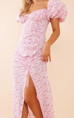 Pink Floral Satin Puff Sleeve Corset Ruched Midaxi Dress