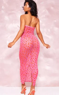 Pink Floral Sheer Mesh Bandeau Midaxi Dress