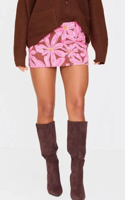Pink Flower Print Micro Mini Denim Skirt