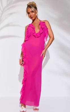 Pink Frill Chiffon Maxi Beach Dress