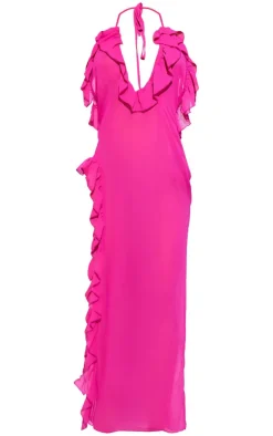 Pink Frill Chiffon Maxi Beach Dress