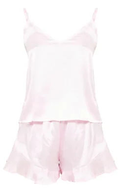 Pink Frill Satin Cami Short PJ Set