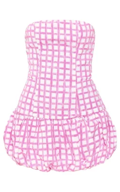 Pink Gingham Denim Bandeau Puffball Mini Dress