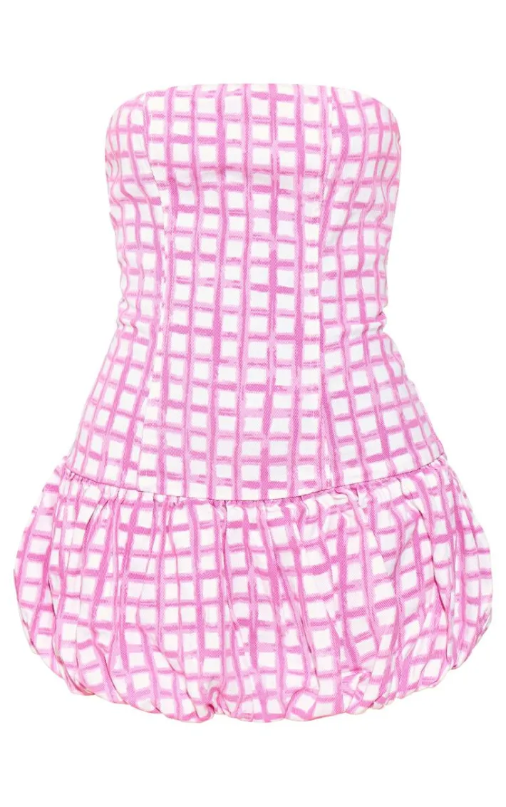 Pink Gingham Denim Bandeau Puffball Mini Dress