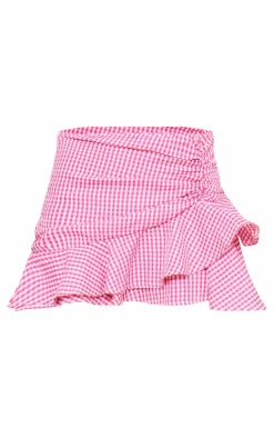 Pink Gingham Print Seersucker Ruched Side Mini Skirt