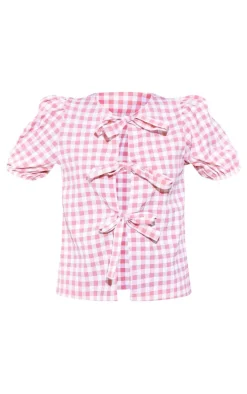 Pink Gingham Tie Front Puff Sleeve Blouse