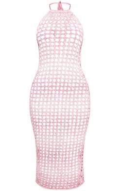Pink Glitter Open Knit Midaxi Dress