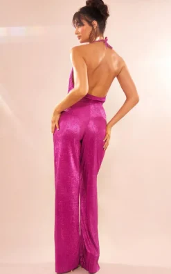 Pink Glitter Plisse Halterneck Cowl Cut Out Wide Leg Jumpsuit