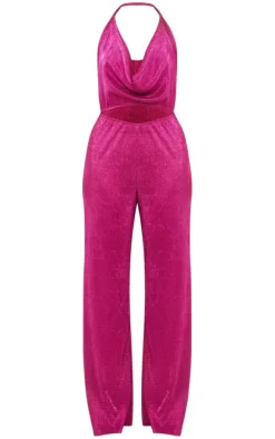 Pink Glitter Plisse Halterneck Cowl Cut Out Wide Leg Jumpsuit