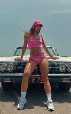 Pink Graphic Print Contrast Binding Bikini Bottoms