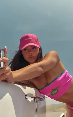 Pink Graphic Print Contrast Binding Bikini Bottoms