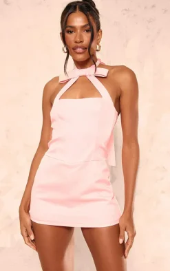 Pink Halter Neck Bow Detail Skort Romper