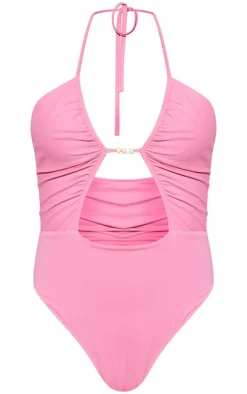 Pink Halter Neck Cut Out Swimsuit
