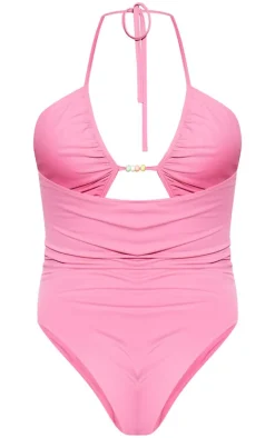 Pink Halter Neck Cut Out Swimsuit