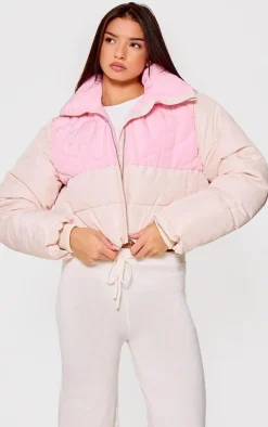 Pink Heart Detail Color Block Puffer Coat
