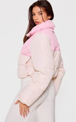 Pink Heart Detail Color Block Puffer Coat