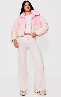 Pink Heart Detail Color Block Puffer Coat