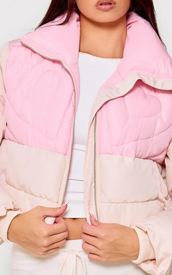 Pink Heart Detail Color Block Puffer Coat