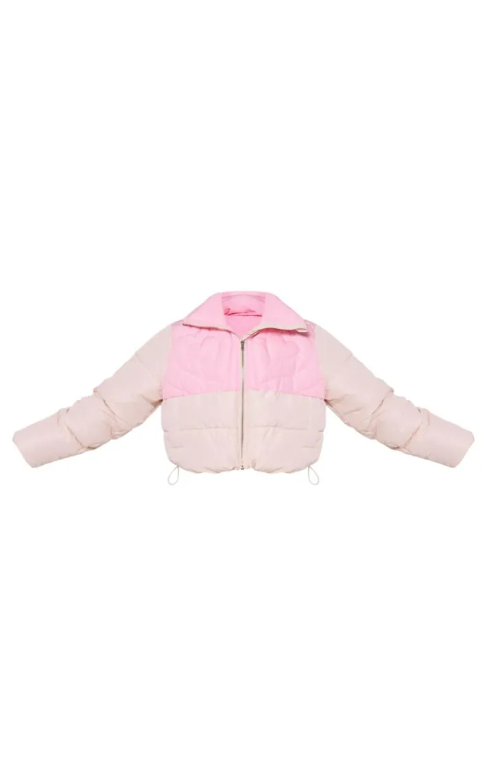 Pink Heart Detail Color Block Puffer Coat