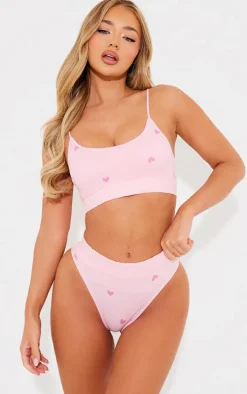 Pink Heart Print Ribbed Scoop Neck Bralette