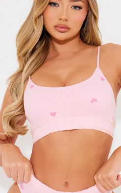 Pink Heart Print Ribbed Scoop Neck Bralette