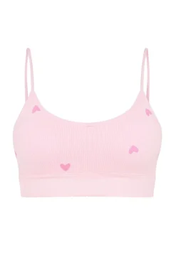 Pink Heart Print Ribbed Scoop Neck Bralette