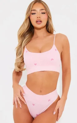 Pink Heart Print Ribbed Thong