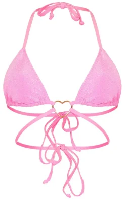Pink Heart Trim Glitter Triangle Bikini Top