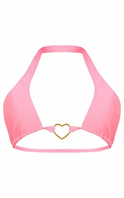 Pink Heart Trim Halterneck Bikini Top