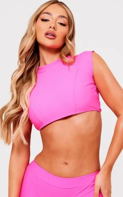 Pink High Neck Short Sleeve Swim Top