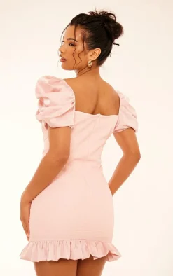 Pink Jacquard Puff Sleeve Dress