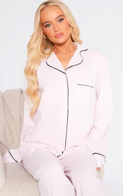 Pink Jersey Piping Detail Long PJ Set