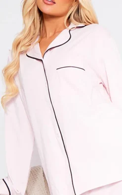 Pink Jersey Piping Detail Long PJ Set