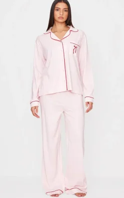 Pink Jersey Piping Embroidered Bow Long PJ Set