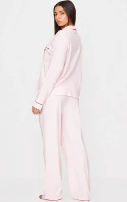 Pink Jersey Piping Embroidered Bow Long PJ Set