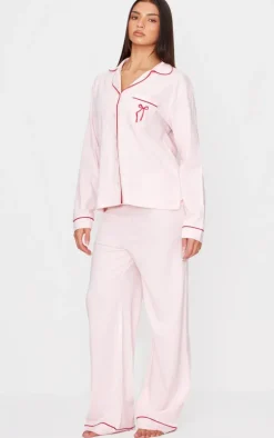 Pink Jersey Piping Embroidered Bow Long PJ Set
