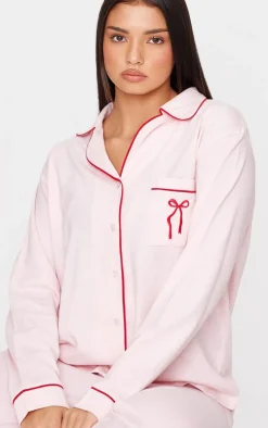 Pink Jersey Piping Embroidered Bow Long PJ Set