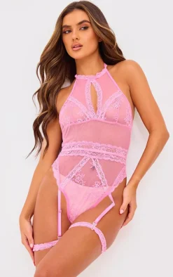 Pink Lace Halter Neck Suspender Bodysuit